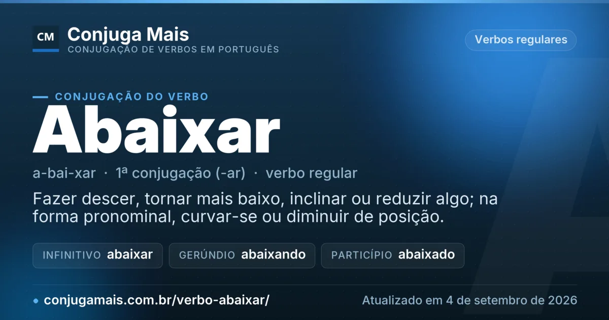 Cartão do verbo abaixar com definição, formas principais, endereço da página e data de atualização.
