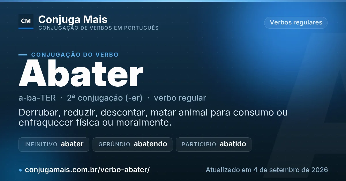 Cartão do verbo abater com definição, formas principais, endereço da página e data de atualização.