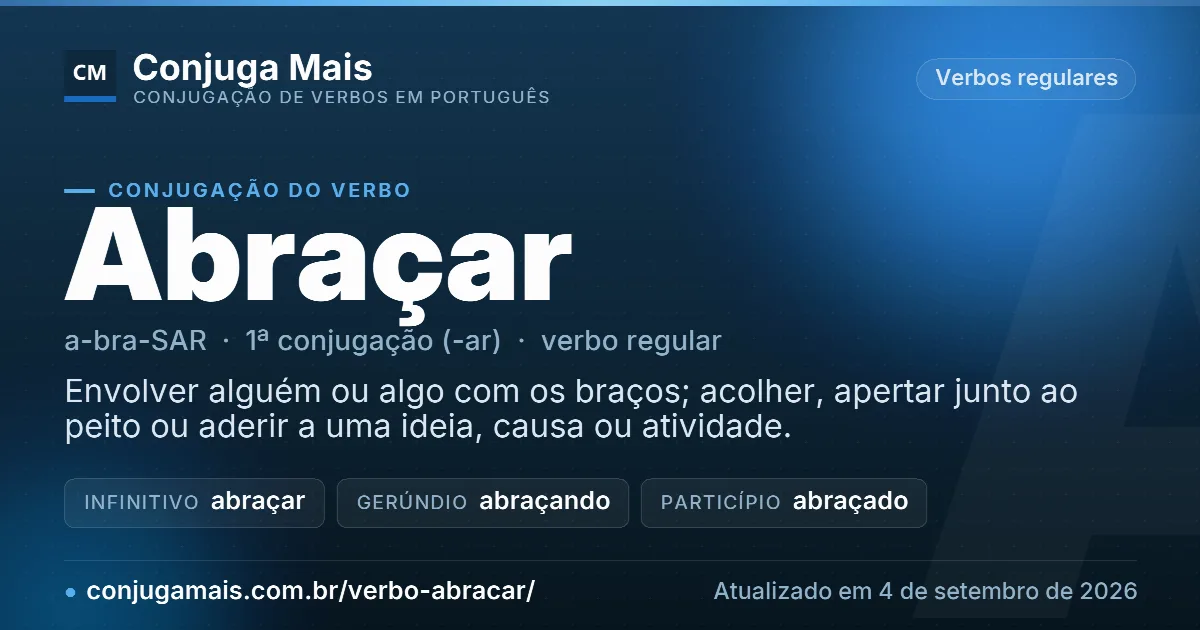 Cartão do verbo abraçar com definição, formas principais, endereço da página e data de atualização.