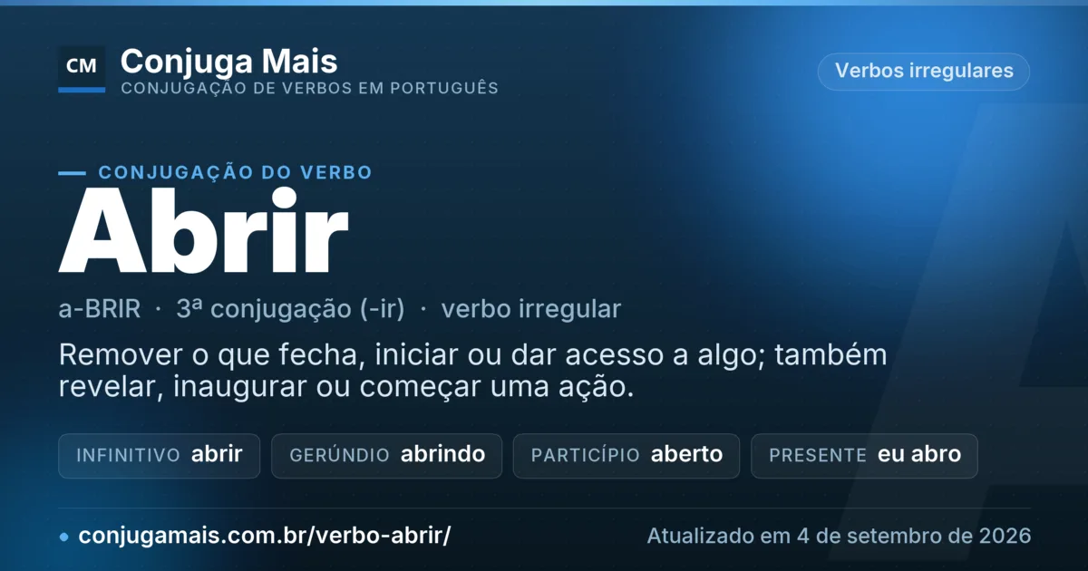 Cartão do verbo abrir com definição, formas principais, endereço da página e data de atualização.