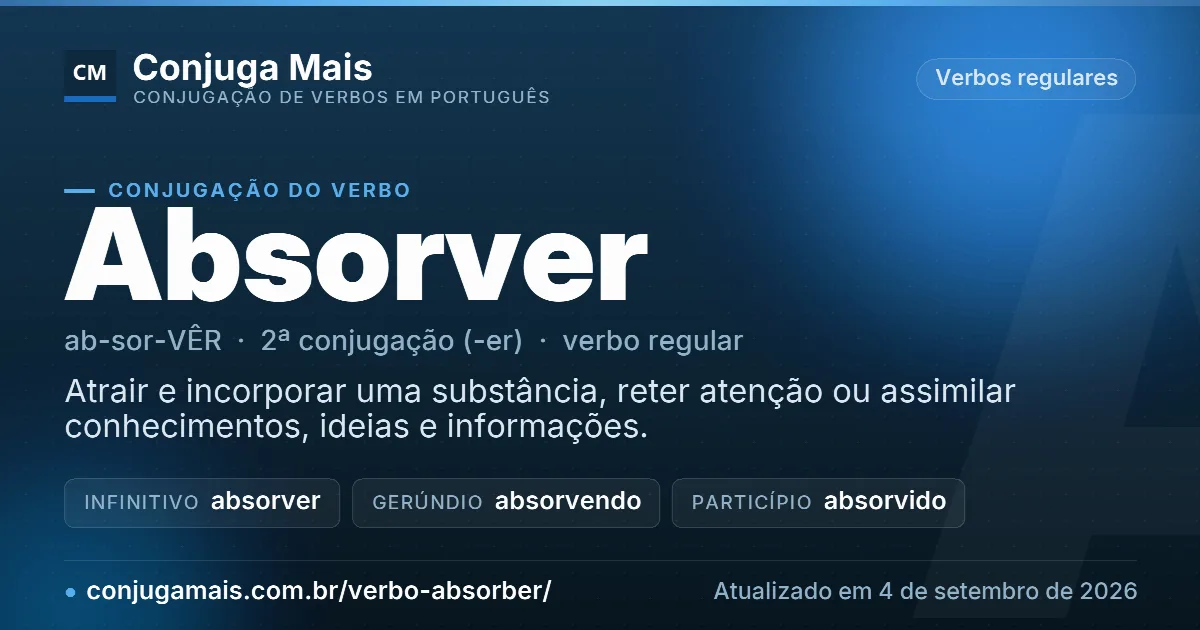 Cartão do verbo absorver com definição, formas principais, endereço da página e data de atualização.