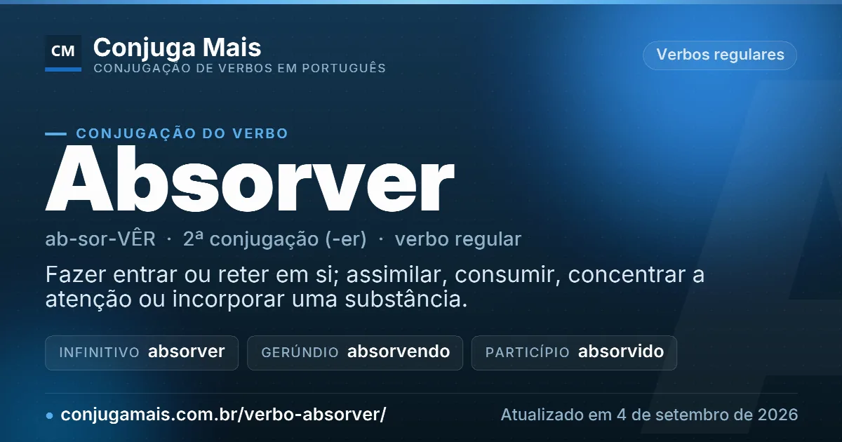 Cartão do verbo absorver com definição, formas principais, endereço da página e data de atualização.