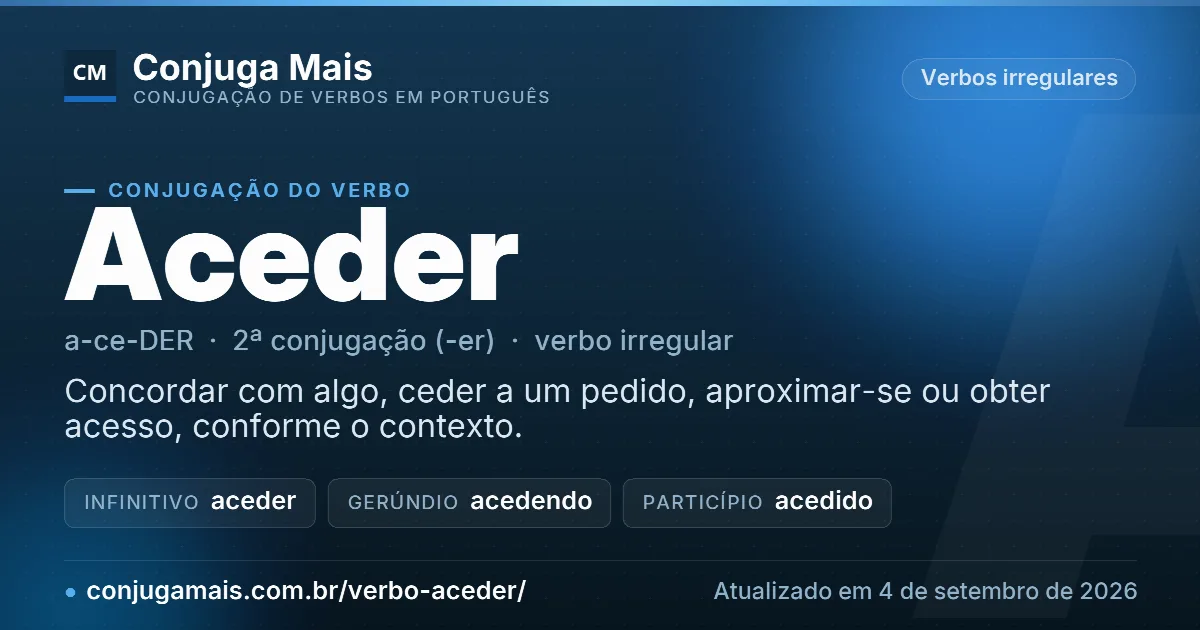 Cartão do verbo aceder com definição, formas principais, endereço da página e data de atualização.
