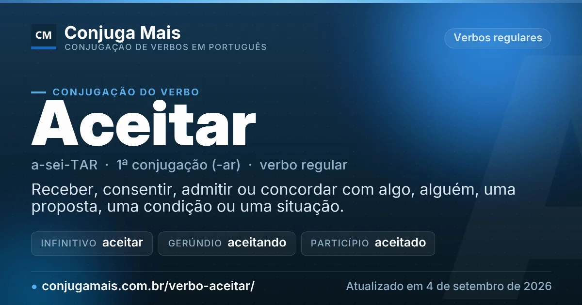 Cartão do verbo aceitar com definição, formas principais, endereço da página e data de atualização.
