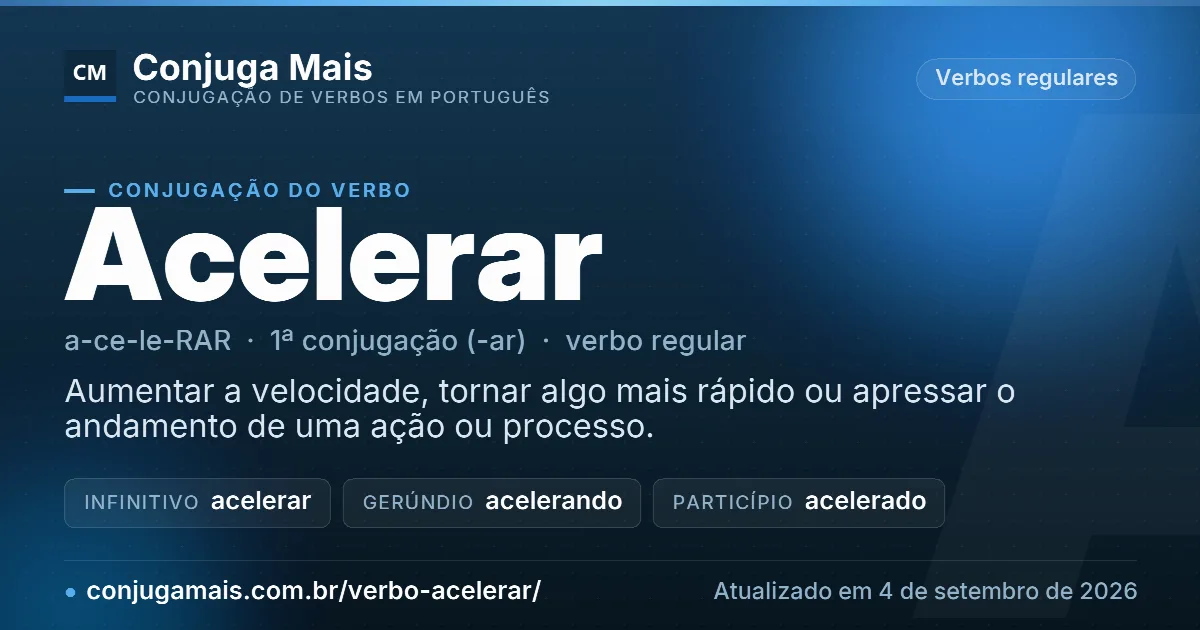 Cartão do verbo acelerar com definição, formas principais, endereço da página e data de atualização.