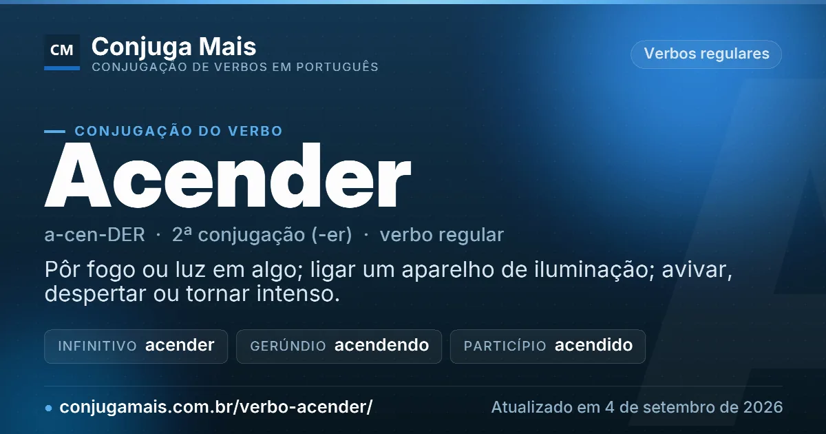 Cartão do verbo acender com definição, formas principais, endereço da página e data de atualização.