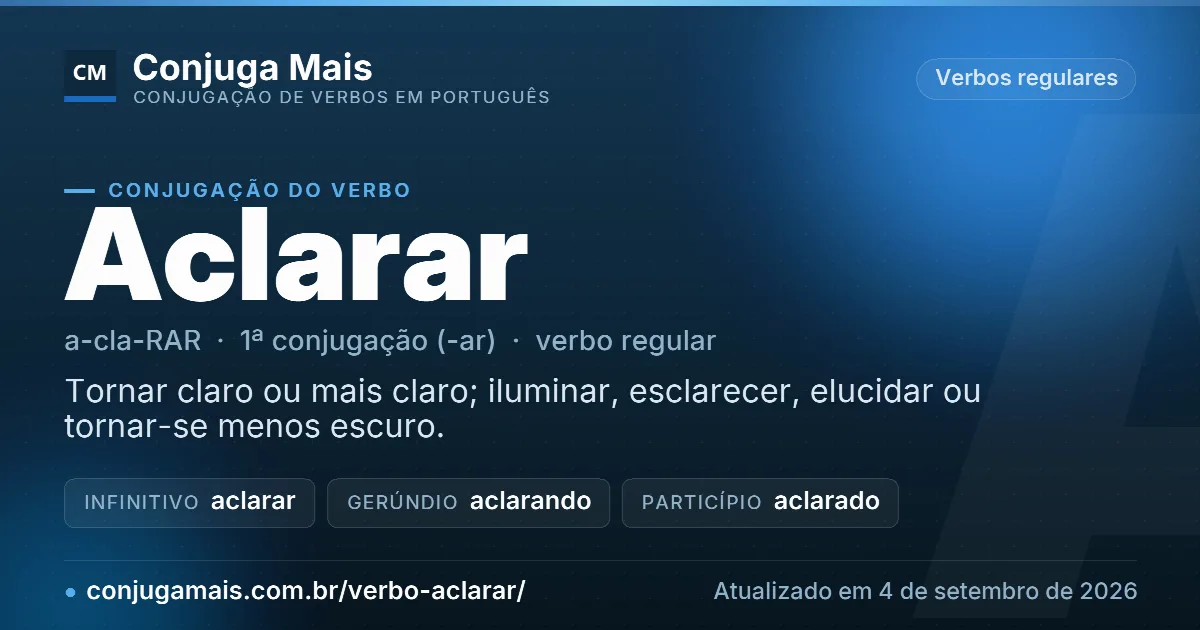 Cartão do verbo aclarar com definição, formas principais, endereço da página e data de atualização.