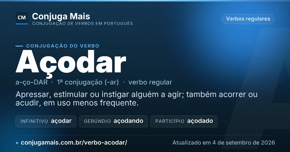Cartão do verbo açodar com definição, formas principais, endereço da página e data de atualização.