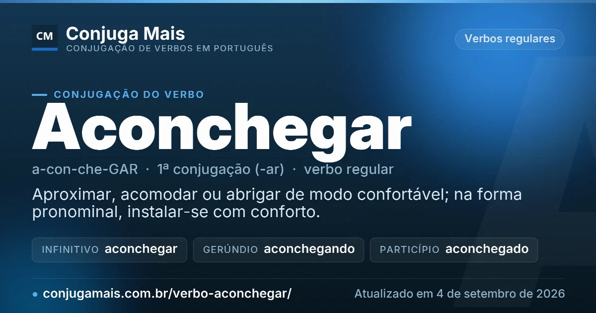 Cartão do verbo aconchegar com definição, formas principais, endereço da página e data de atualização.