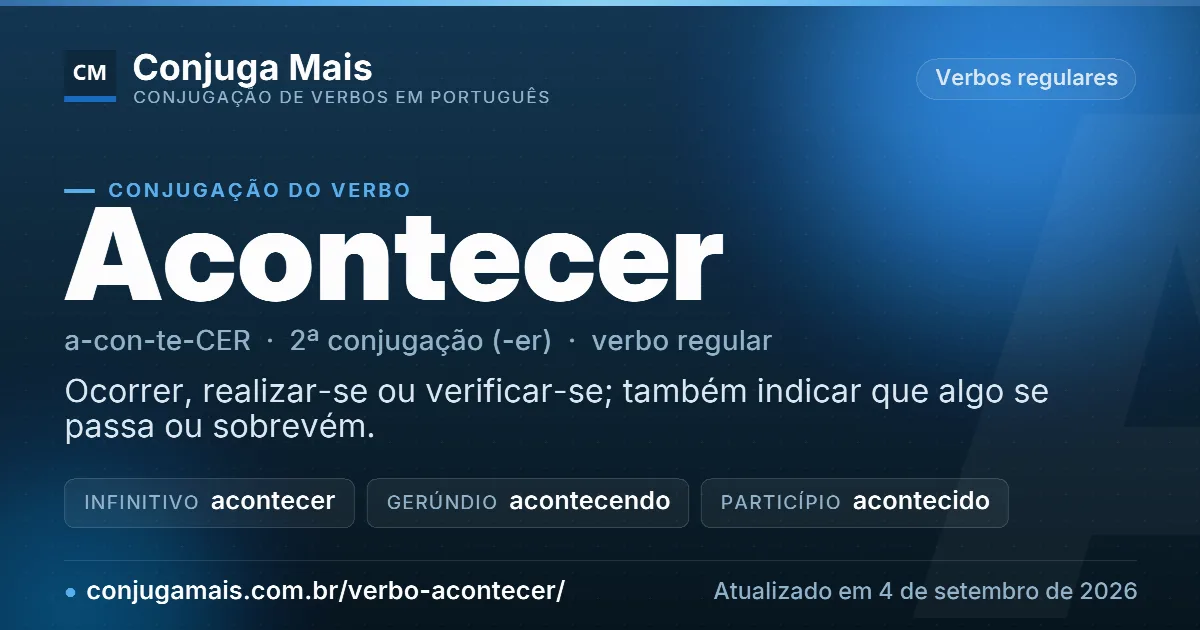 Cartão do verbo acontecer com definição, formas principais, endereço da página e data de atualização.