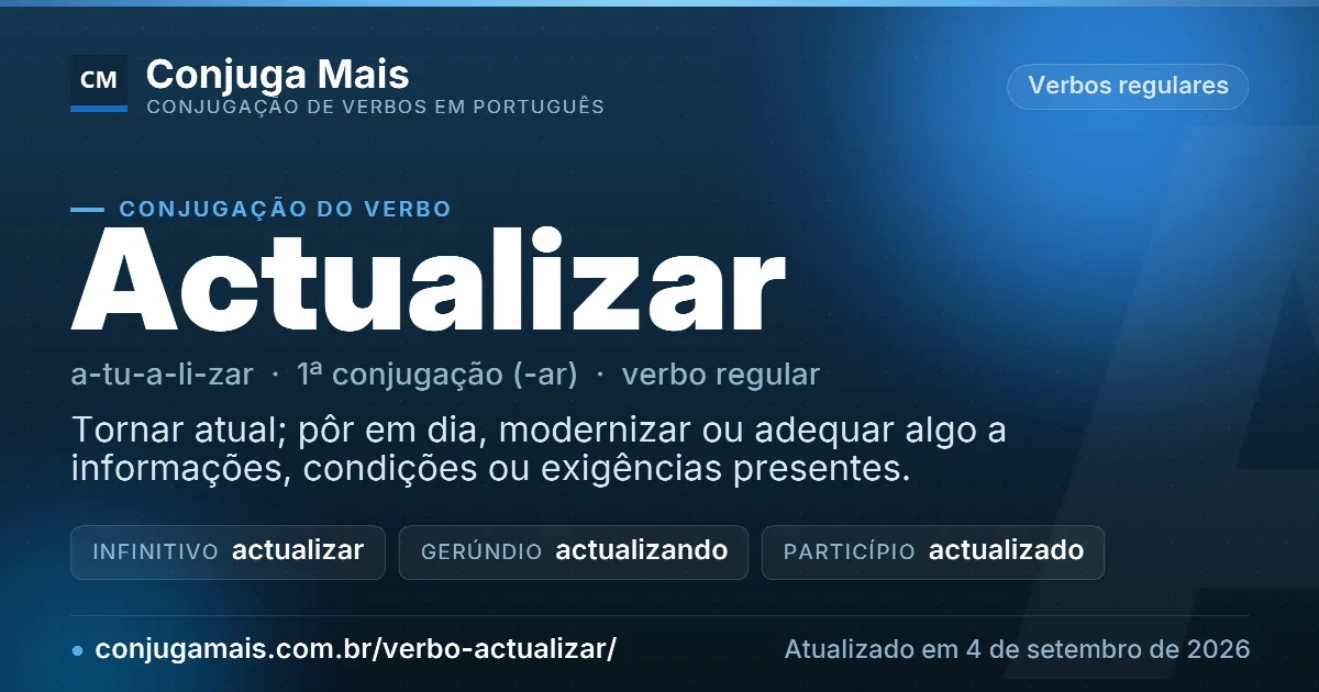 Cartão do verbo actualizar com definição, formas principais, endereço da página e data de atualização.