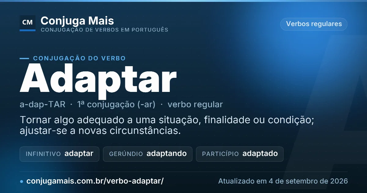 Cartão do verbo adaptar com definição, formas principais, endereço da página e data de atualização.