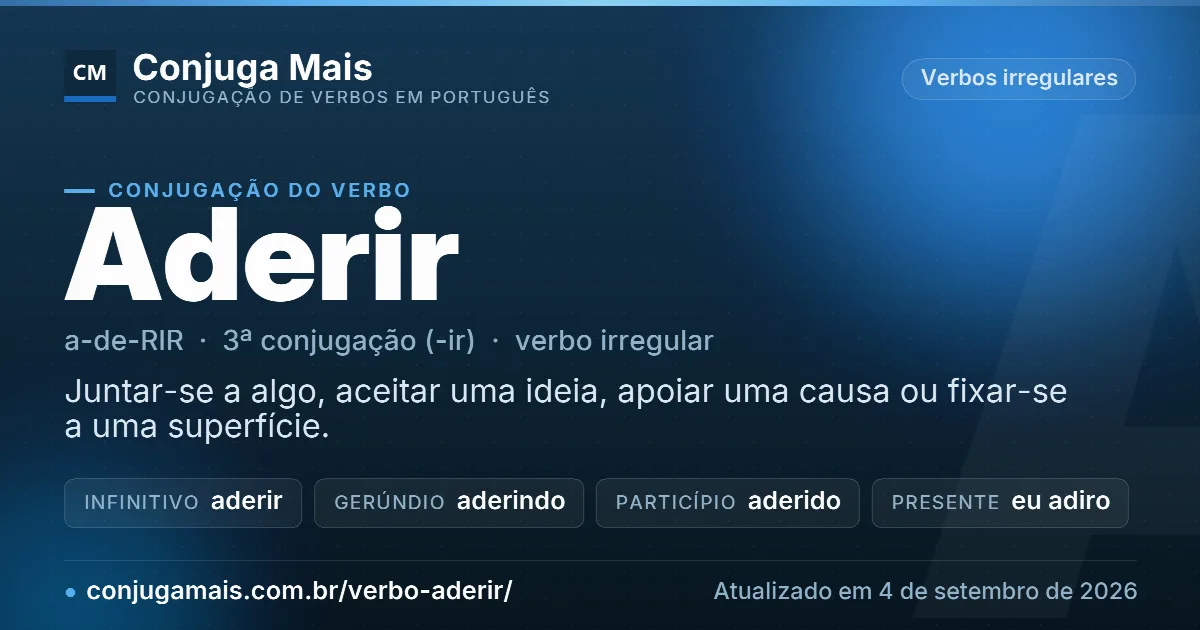 Cartão do verbo aderir com definição, formas principais, endereço da página e data de atualização.