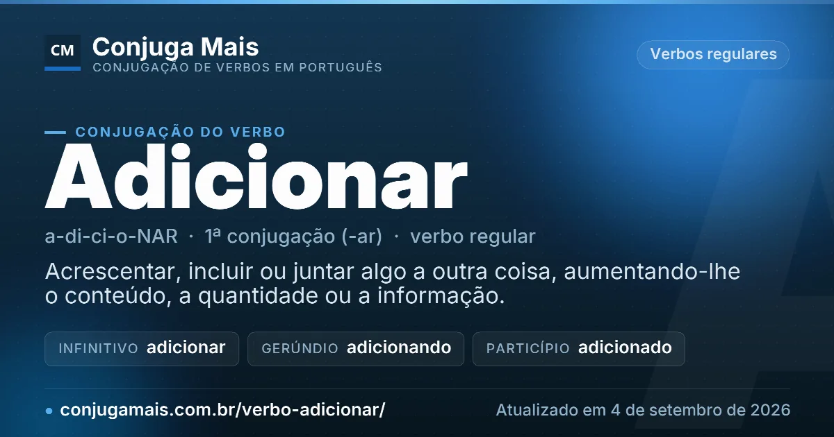 Cartão do verbo adicionar com definição, formas principais, endereço da página e data de atualização.