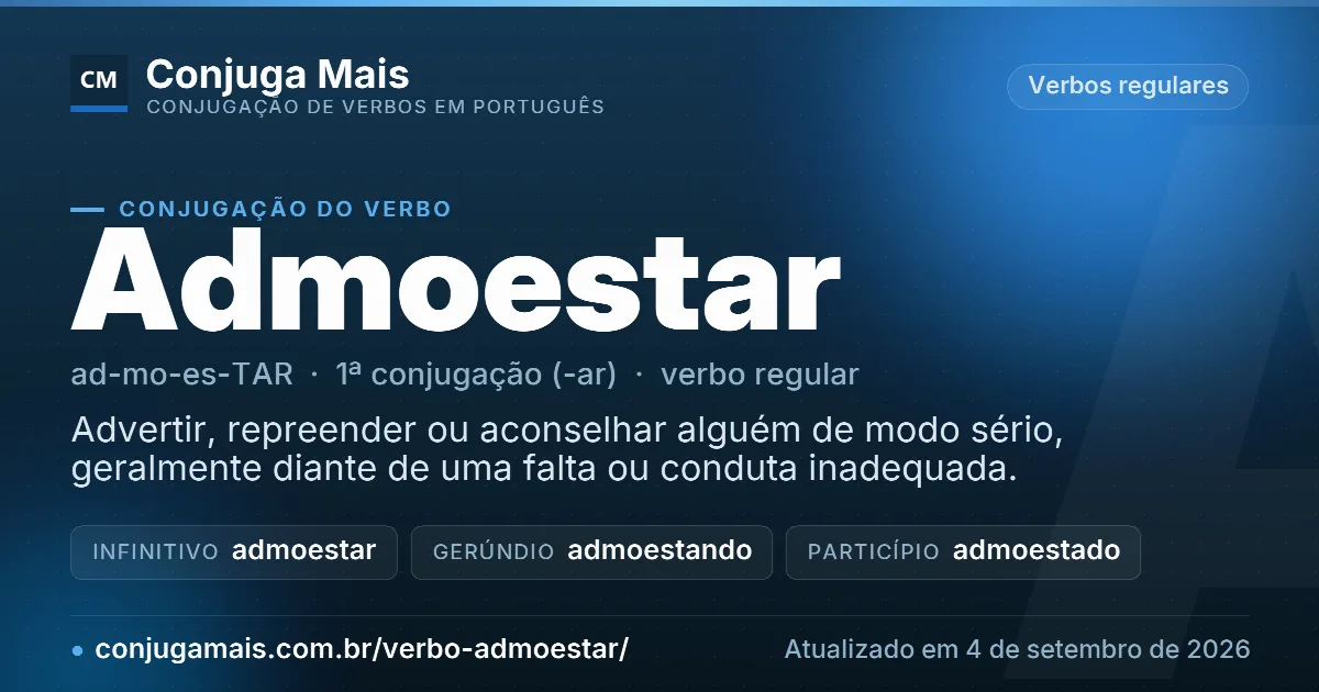 Cartão do verbo admoestar com definição, formas principais, endereço da página e data de atualização.