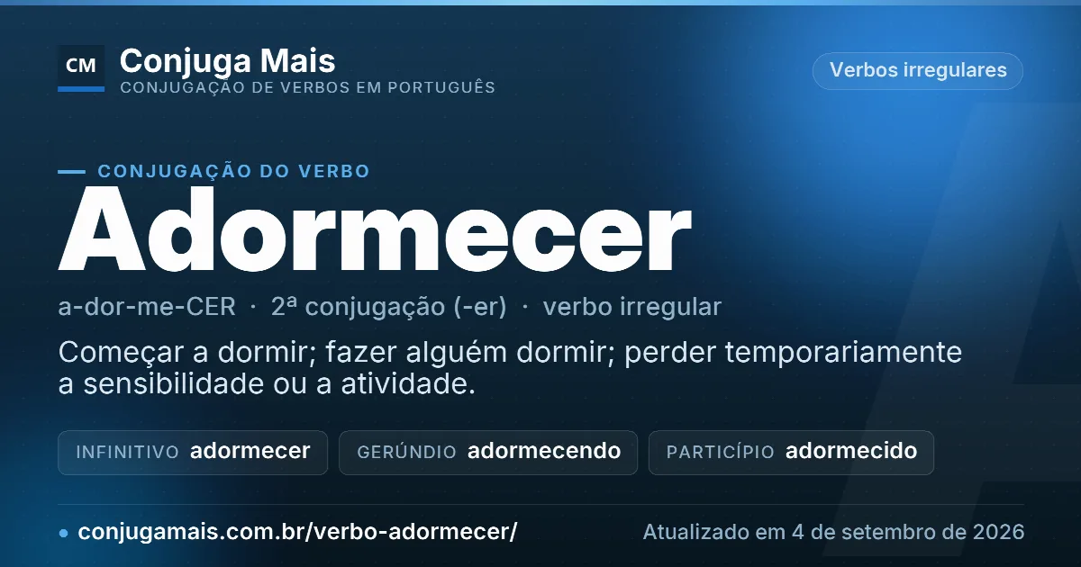 Cartão do verbo adormecer com definição, formas principais, endereço da página e data de atualização.