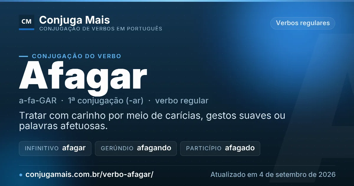 Cartão do verbo afagar com definição, formas principais, endereço da página e data de atualização.