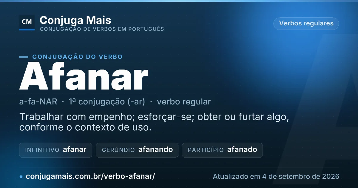 Cartão do verbo afanar com definição, formas principais, endereço da página e data de atualização.