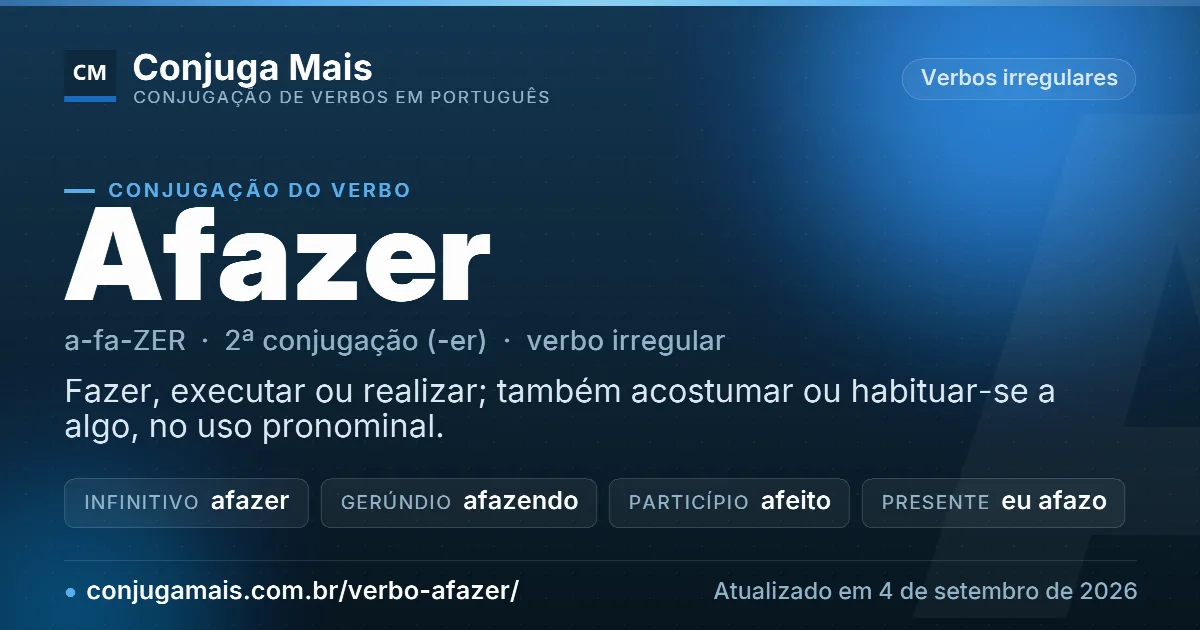 Cartão do verbo afazer com definição, formas principais, endereço da página e data de atualização.