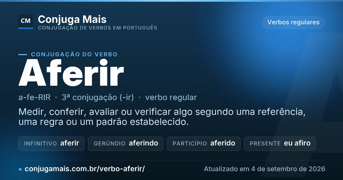 Cartão do verbo aferir com definição, formas principais, endereço da página e data de atualização.