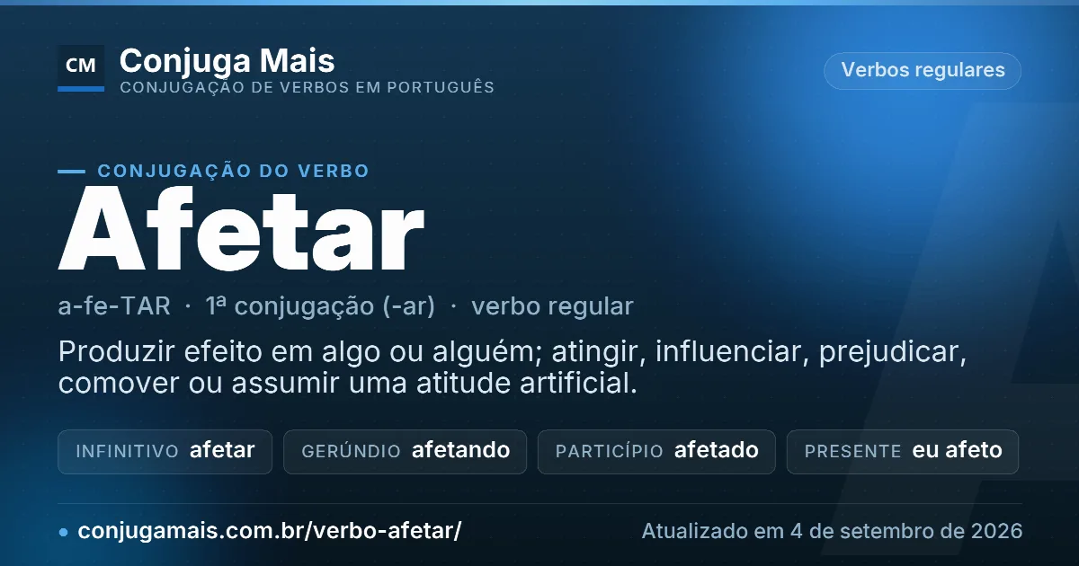 Cartão do verbo afetar com definição, formas principais, endereço da página e data de atualização.