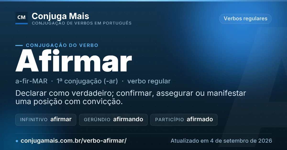Cartão do verbo afirmar com definição, formas principais, endereço da página e data de atualização.