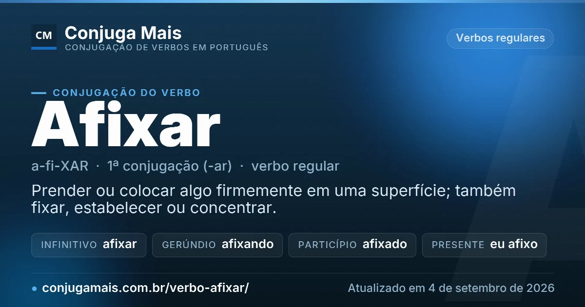 Cartão do verbo afixar com definição, formas principais, endereço da página e data de atualização.
