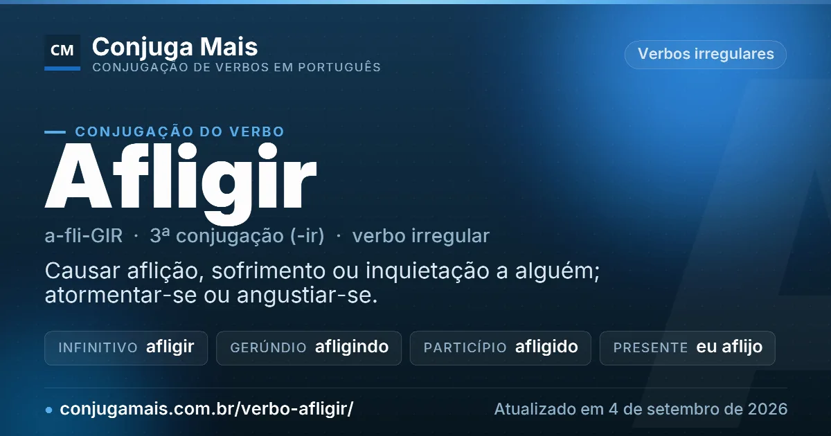 Cartão do verbo afligir com definição, formas principais, endereço da página e data de atualização.
