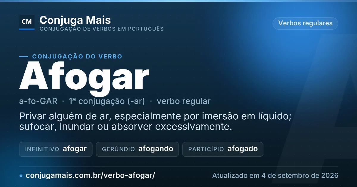 Cartão do verbo afogar com definição, formas principais, endereço da página e data de atualização.