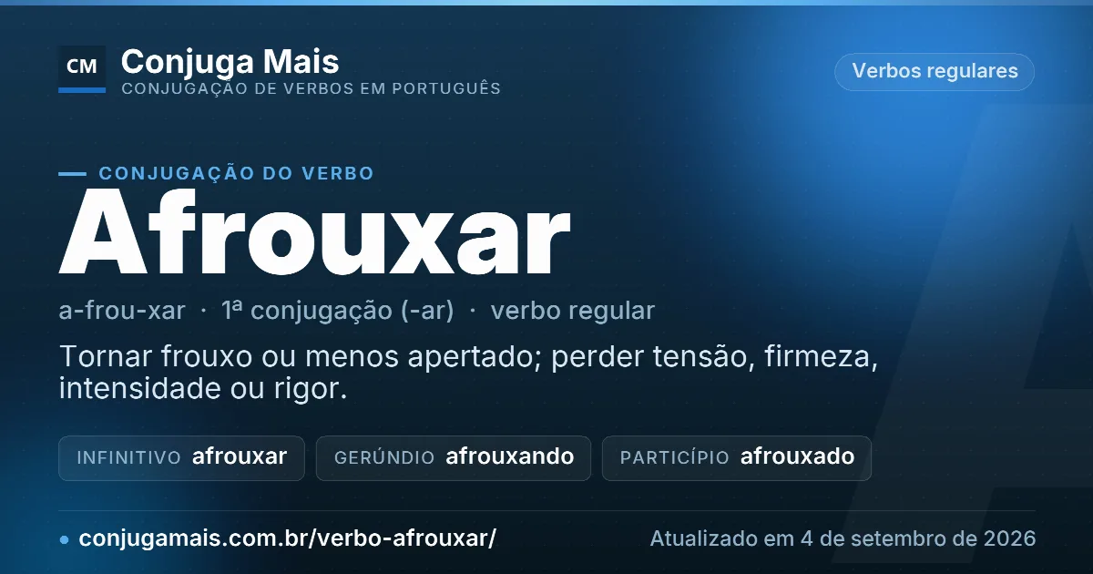 Cartão do verbo afrouxar com definição, formas principais, endereço da página e data de atualização.