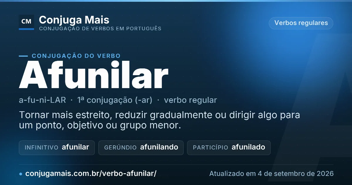 Cartão do verbo afunilar com definição, formas principais, endereço da página e data de atualização.