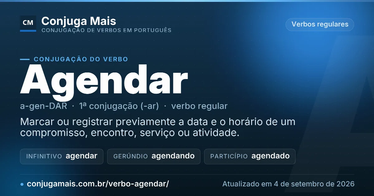 Cartão do verbo agendar com definição, formas principais, endereço da página e data de atualização.