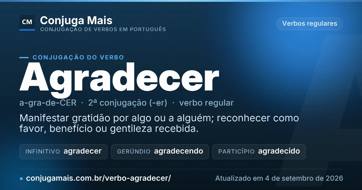 Cartão do verbo agradecer com definição, formas principais, endereço da página e data de atualização.