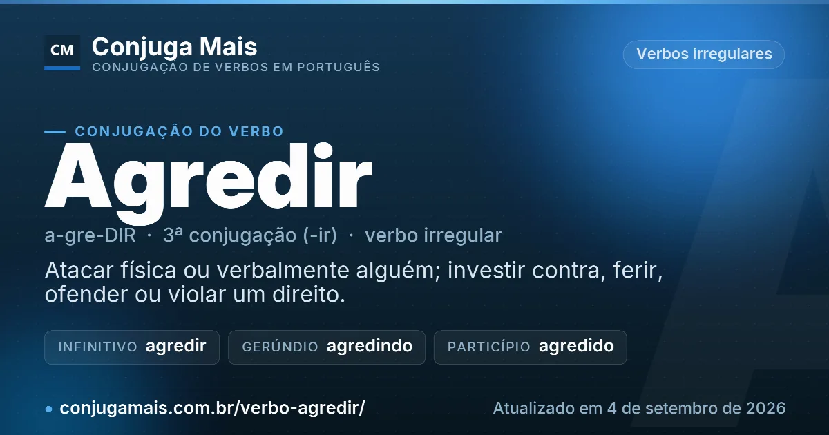 Cartão do verbo agredir com definição, formas principais, endereço da página e data de atualização.