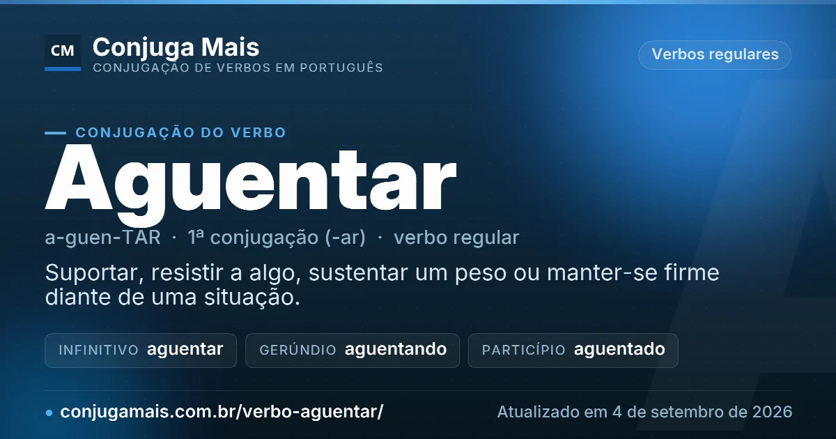 Cartão do verbo aguentar com definição, formas principais, endereço da página e data de atualização.