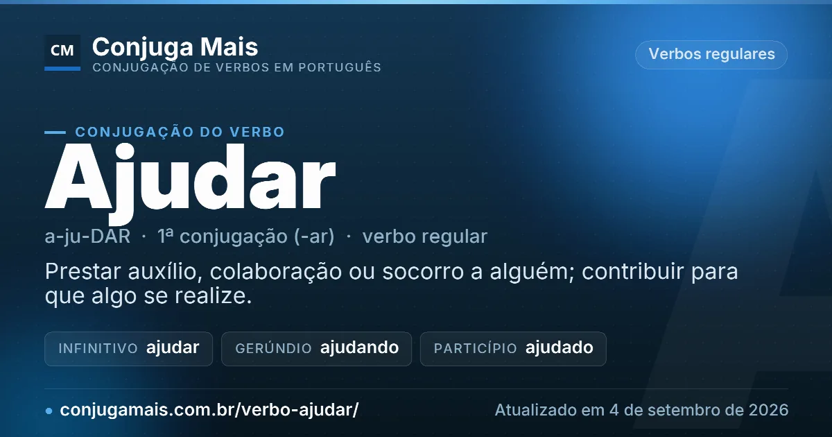 Cartão do verbo ajudar com definição, formas principais, endereço da página e data de atualização.