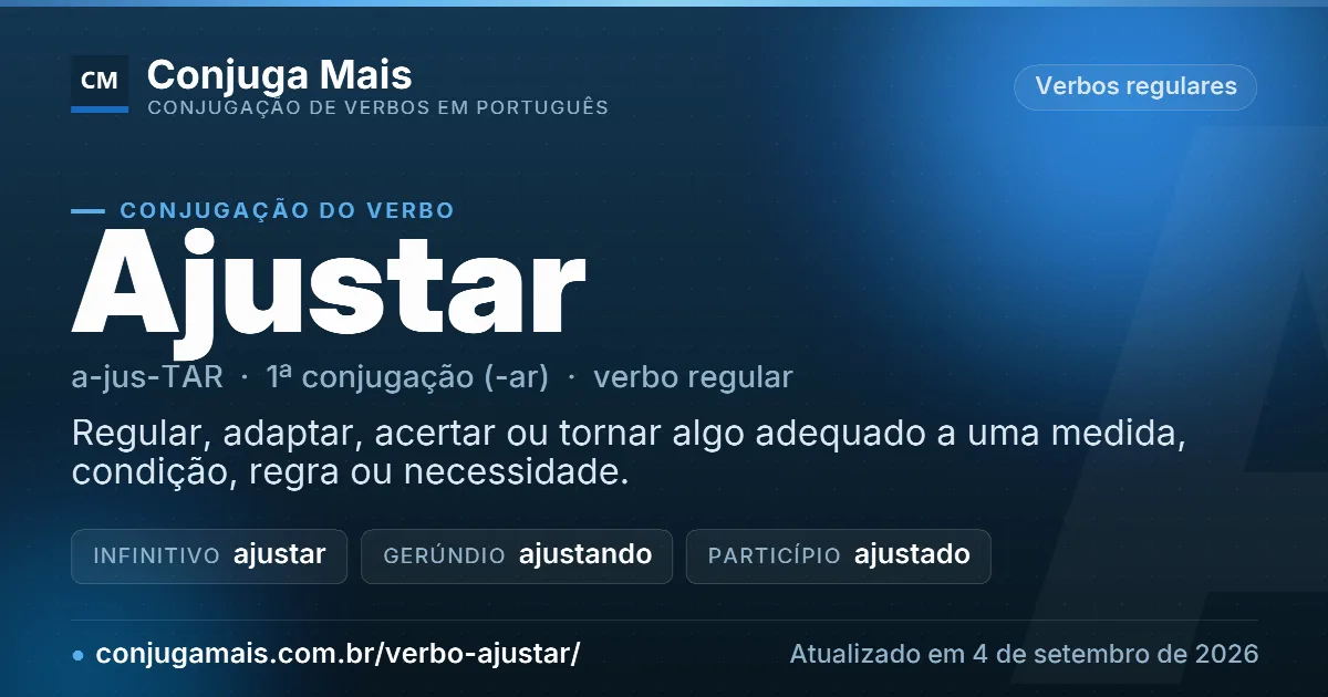 Cartão do verbo ajustar com definição, formas principais, endereço da página e data de atualização.