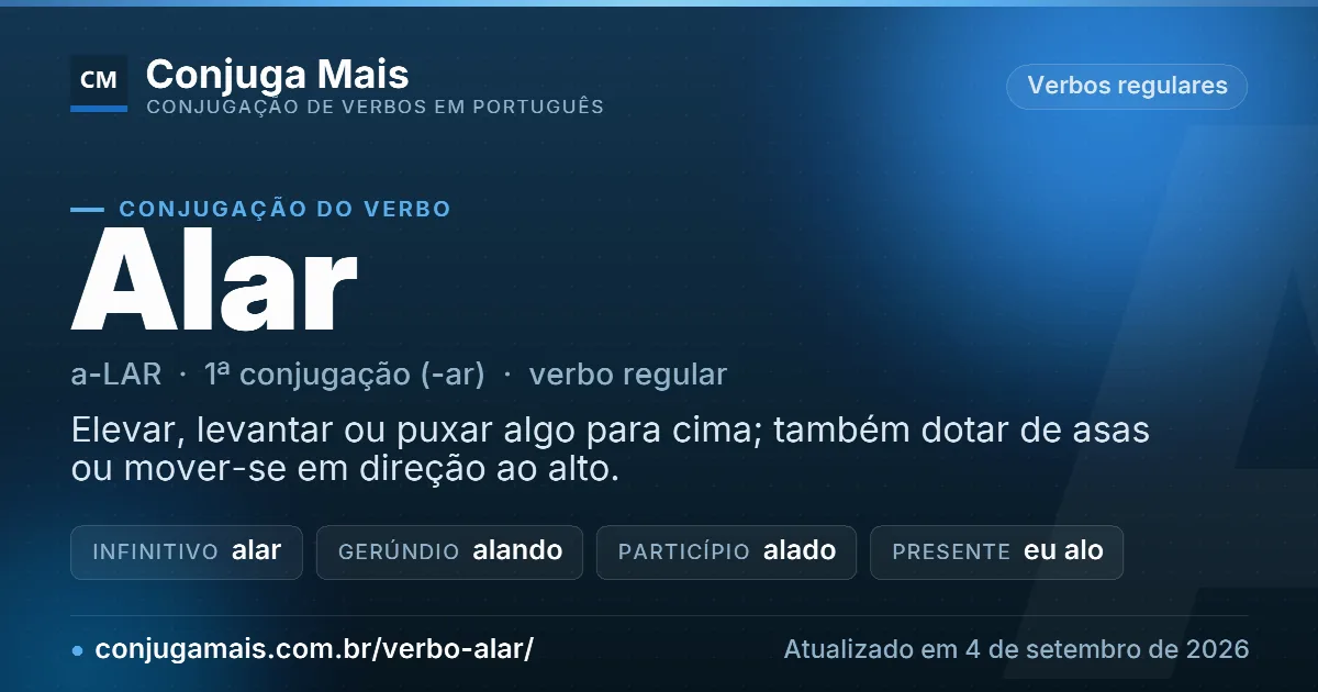 Cartão do verbo alar com definição, formas principais, endereço da página e data de atualização.