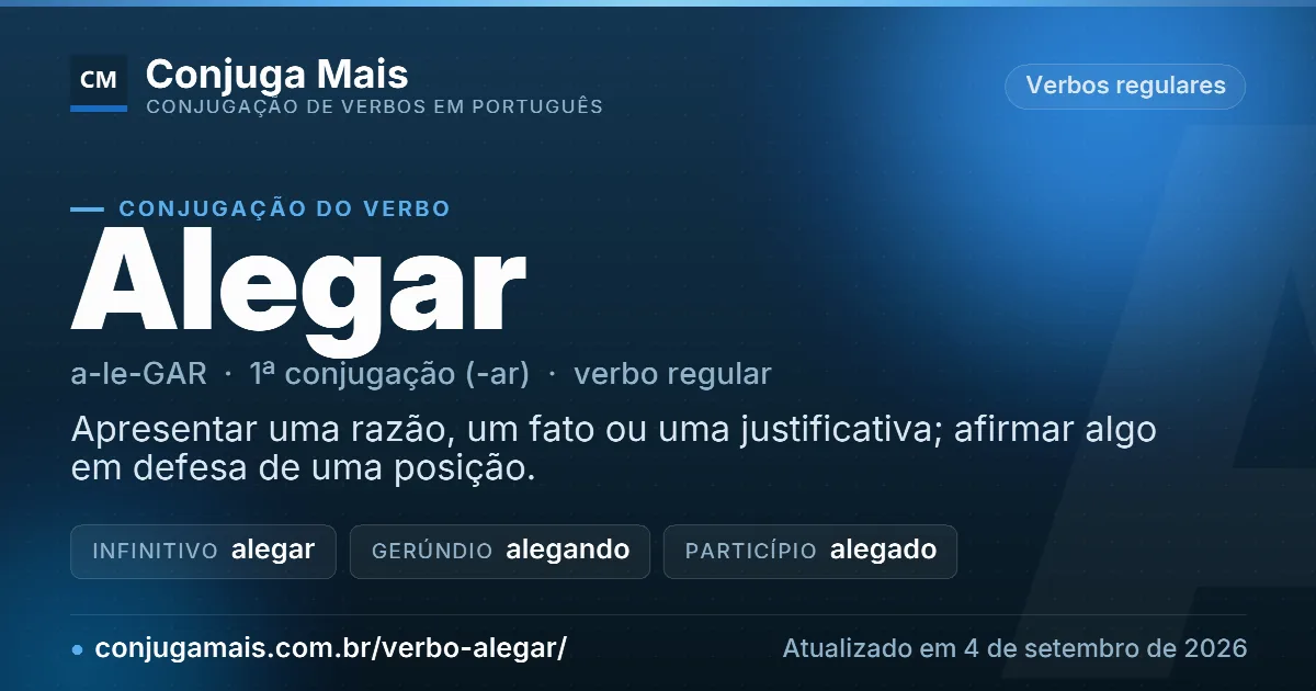 Cartão do verbo alegar com definição, formas principais, endereço da página e data de atualização.