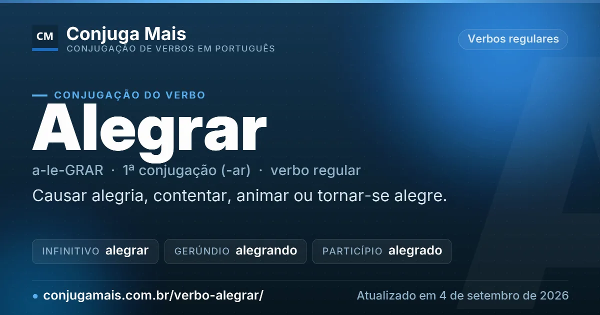 Cartão do verbo alegrar com definição, formas principais, endereço da página e data de atualização.