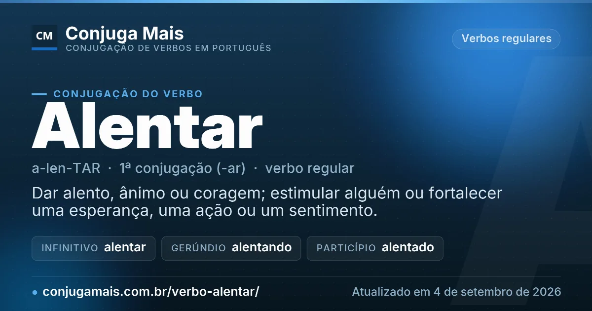 Cartão do verbo alentar com definição, formas principais, endereço da página e data de atualização.