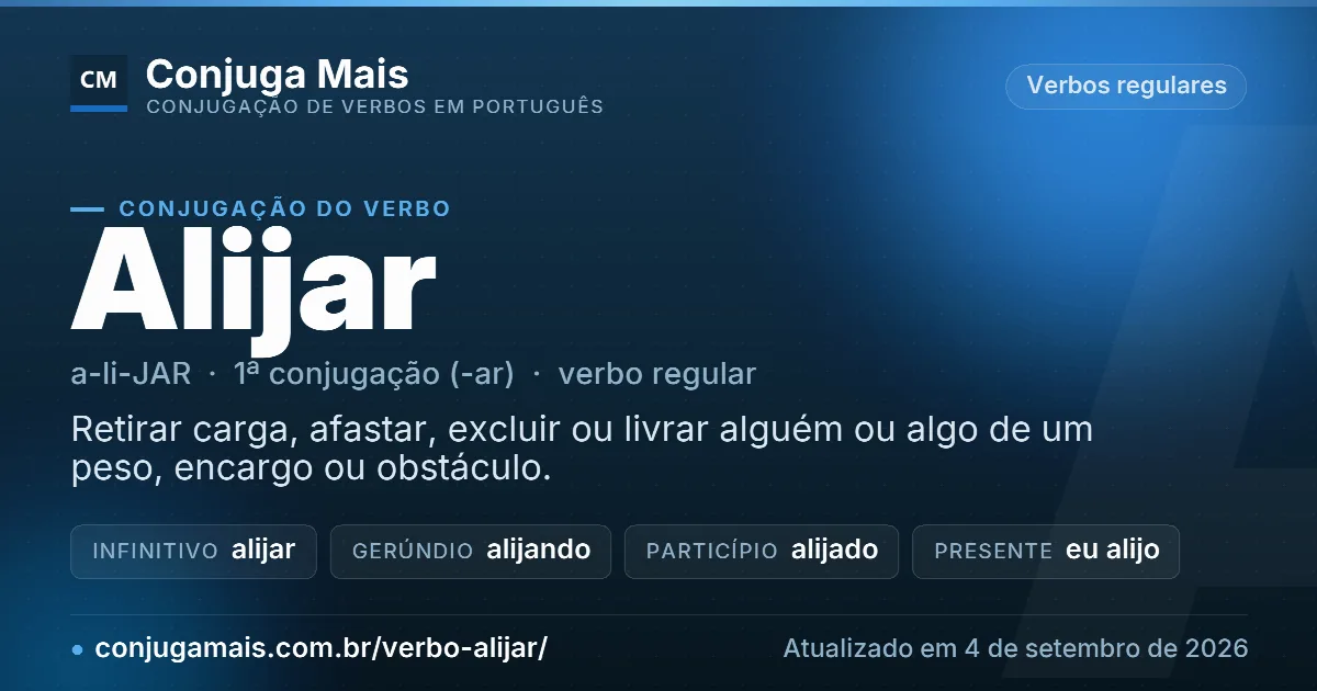 Cartão do verbo alijar com definição, formas principais, endereço da página e data de atualização.