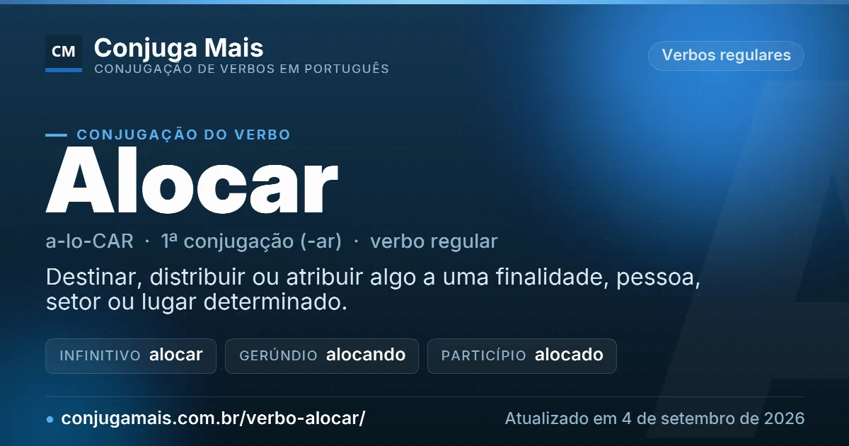 Cartão do verbo alocar com definição, formas principais, endereço da página e data de atualização.