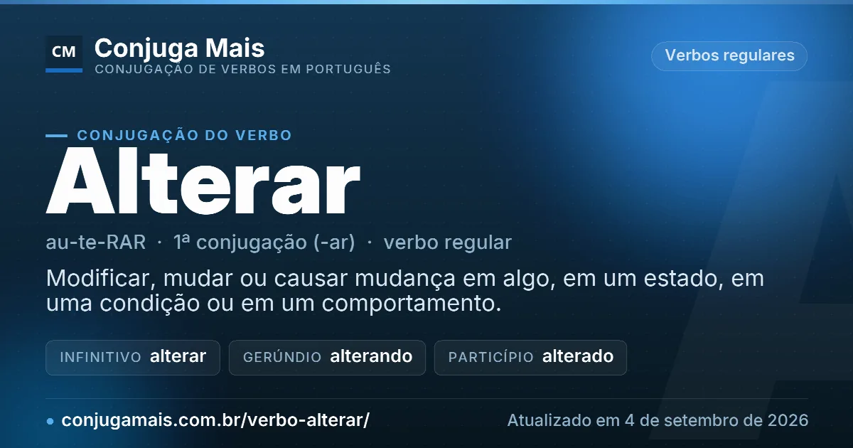Cartão do verbo alterar com definição, formas principais, endereço da página e data de atualização.