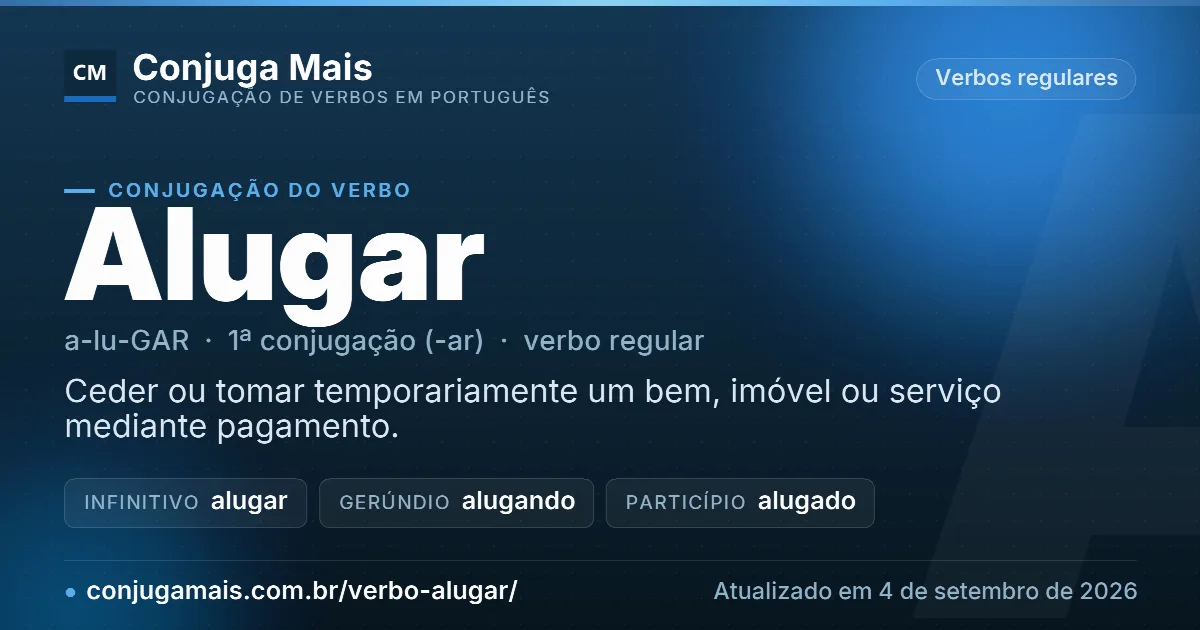 Cartão do verbo alugar com definição, formas principais, endereço da página e data de atualização.