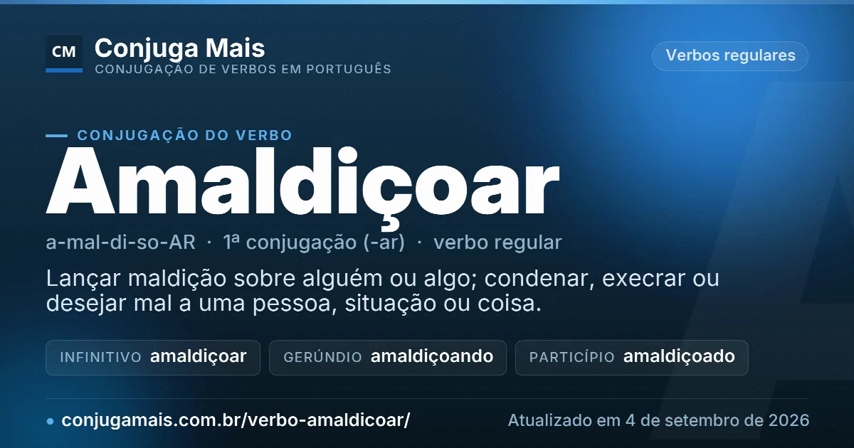 Cartão do verbo amaldiçoar com definição, formas principais, endereço da página e data de atualização.