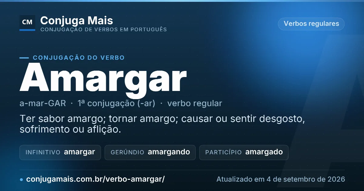 Cartão do verbo amargar com definição, formas principais, endereço da página e data de atualização.