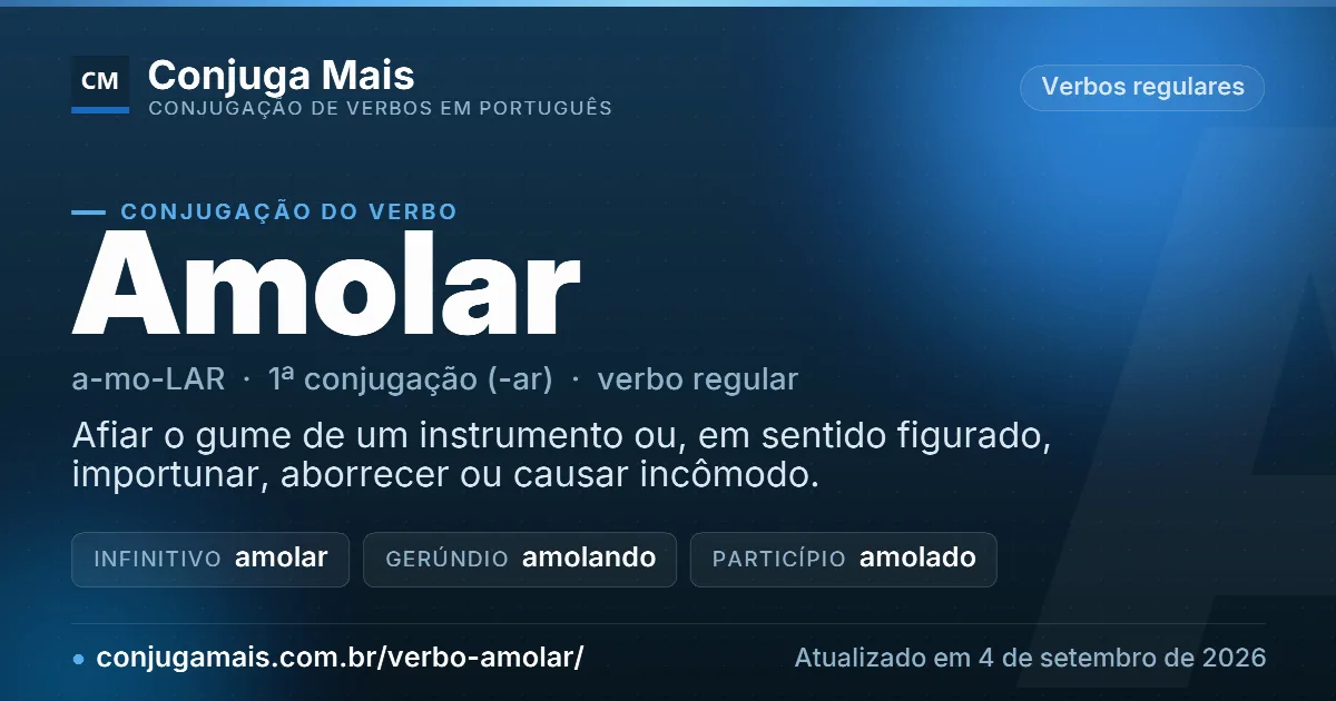 Cartão do verbo amolar com definição, formas principais, endereço da página e data de atualização.