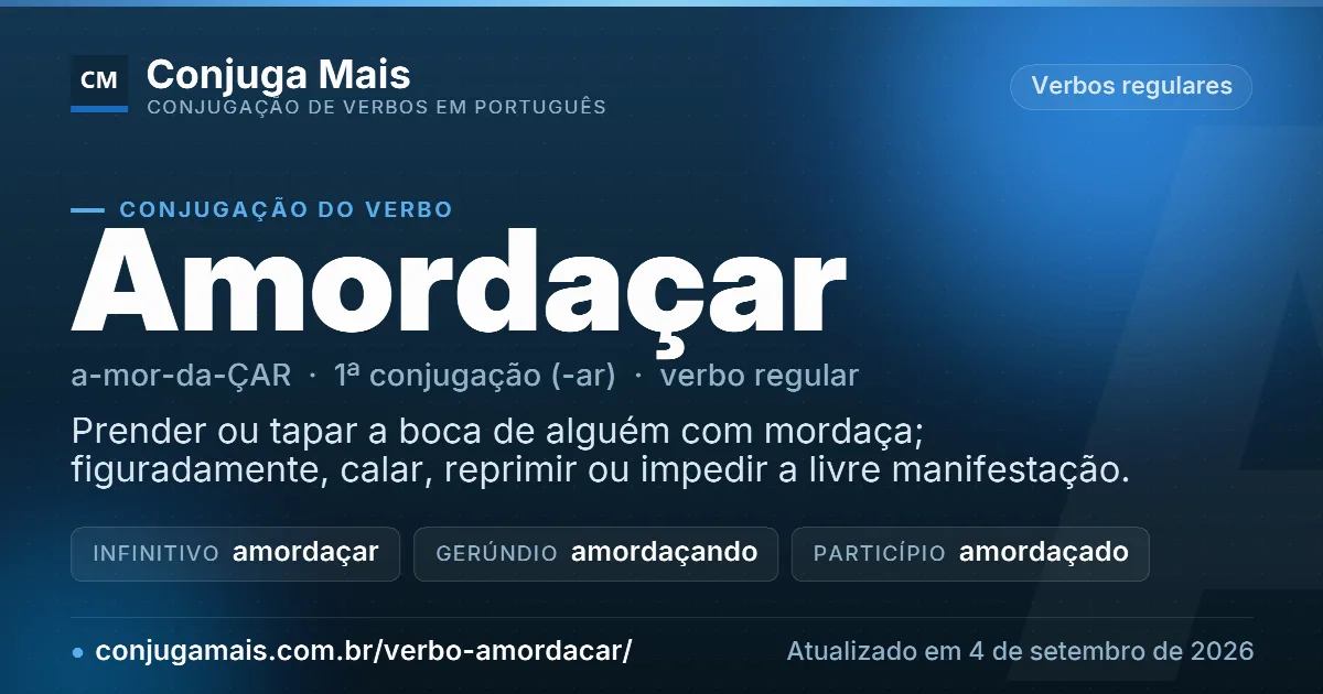 Cartão do verbo amordaçar com definição, formas principais, endereço da página e data de atualização.