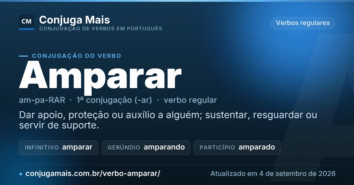 Cartão do verbo amparar com definição, formas principais, endereço da página e data de atualização.